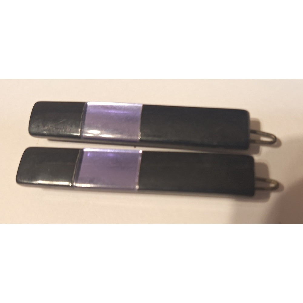 Vtg 90s Rectangular Hair Barrettes Black with Purple Center Panel Set of 2
